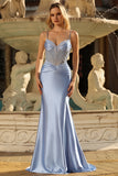 Sparkly Grey Blue Corset Mermaid Satin Long Formal Dress with Sequins