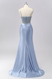 Sparkly Grey Blue Corset Mermaid Satin Long Formal Dress with Sequins