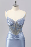Sparkly Grey Blue Spaghetti Straps Mermaid Satin Prom Dress with Rhinestones