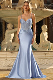 Sparkly Grey Blue Corset Mermaid Satin Long Formal Dress with Sequins