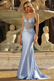 Sparkly Grey Blue Corset Mermaid Satin Long Formal Dress with Sequins