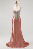 Sparkly Mermaid Blush Spaghetti Straps Corset Long Formal Dress with Sequins