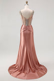 Sparkly Mermaid Blush Spaghetti Straps Corset Long Formal Dress with Sequins