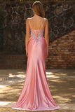 Mermaid Corset Blush Sequins Long Satin Prom Dress with Slit