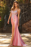 Mermaid Corset Blush Sequins Long Satin Prom Dress with Slit