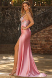 Mermaid Corset Blush Sequins Long Satin Prom Dress with Slit