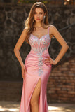 Mermaid Corset Blush Sequins Long Satin Prom Dress with Slit