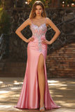 Mermaid Corset Blush Sequins Long Satin Prom Dress with Slit
