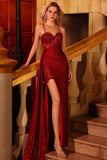 Sparkly Burgundy Mermaid Corset Sequin Long Prom Dress with Beading