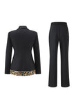 Black Leopard print Slim Fit 2-piece Women Suits