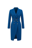 Ink Blue Notched Lapel Double Breasted Blazer Dress with Belt