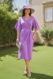 Purple Ruched V Neck Midi Wedding Guest Dress with Flutter Sleeves