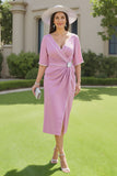 Candy Pink Ruched Half Sleeves Midi Mother of the Bride Dress with Slit