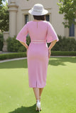 Candy Pink Ruched Half Sleeves Midi Mother of the Bride Dress with Slit