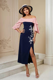 Navy Off the Shoulder Sheath Appliqued Midi Mother of the Bride Dress with Slit
