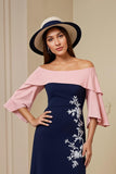 Navy Off the Shoulder Sheath Appliqued Midi Mother of the Bride Dress with Slit