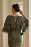 Olive Sheath Boat Neck Long Mother of the Bride Dress with Feathers