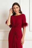 Dark Red Sheath Boat Neck Ruched Mother of the Bride Dress with Feathers