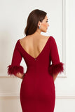 Dark Red Sheath Boat Neck Ruched Mother of the Bride Dress with Feathers