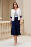 Navy 2 Pieces Printed Satin A Line Midi Mother of the Bride Dress