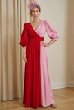 Red and Pink Patchwork V Neck Chiffon A Line Long Wedding Guest Dress with Sleeves
