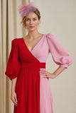 Red and Pink Patchwork V Neck Chiffon A Line Long Wedding Guest Dress with Sleeves