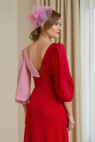 Red and Pink Patchwork V Neck Chiffon A Line Long Wedding Guest Dress with Sleeves