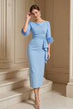 Light Blue Stretch Satin Bateau Neck Sheath Long Wedding Guest Dress with Feather