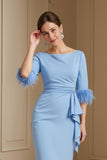 Light Blue Stretch Satin Bateau Neck Sheath Long Wedding Guest Dress with Feather