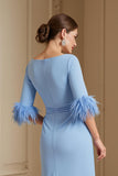 Light Blue Stretch Satin Bateau Neck Sheath Long Wedding Guest Dress with Feather