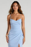Light Blue Spaghetti Straps Sheath Ruched Long Bridesmaid Dress