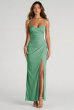 Light Blue Spaghetti Straps Sheath Ruched Long Bridesmaid Dress