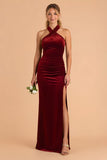 Burgundy Halter Neck Sheath Velvet Long Bridesmaid Dress with Slit