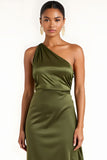 Olive Sheath One Shoulder Asymmetrical Bridesmaid Dress