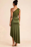 Olive Sheath One Shoulder Asymmetrical Bridesmaid Dress