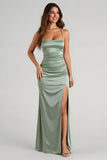 Eucalyptus Satin Sheath Spaghetti Straps Long Bridesmaid Dress with Slit