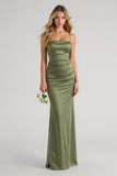 Olive Satin Spaghetti Straps Long Sheath Bridesmaid Dress