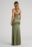 Olive Satin Spaghetti Straps Long Sheath Bridesmaid Dress