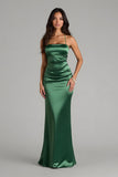 Dark Green Satin Mermaid Spaghetti Straps Long Bridesmaid Dress
