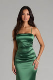Dark Green Satin Mermaid Spaghetti Straps Long Bridesmaid Dress