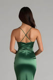 Dark Green Satin Mermaid Spaghetti Straps Long Bridesmaid Dress
