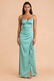Mint Green Satin Sheath Long Bridesmaid Dress with Ruffles