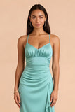 Mint Green Satin Sheath Long Bridesmaid Dress with Ruffles