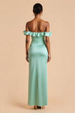 Mint Green Off the Shoulder Satin Ruffled Sheath Long Bridesmaid Dress