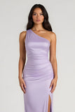 Lilac One Shoulder Satin Sheath Long Bridesmaid Dress