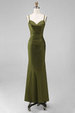 Olive Spaghetti Straps Satin Ruched Sheath Long Bridesmaid Dress