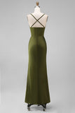 Olive Spaghetti Straps Satin Ruched Sheath Long Bridesmaid Dress