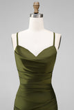 Olive Spaghetti Straps Satin Ruched Sheath Long Bridesmaid Dress