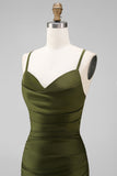 Olive Spaghetti Straps Satin Ruched Sheath Long Bridesmaid Dress