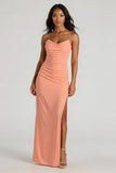 Sunset Spaghetti Straps Sheath Long Bridesmaid Dress with Slit